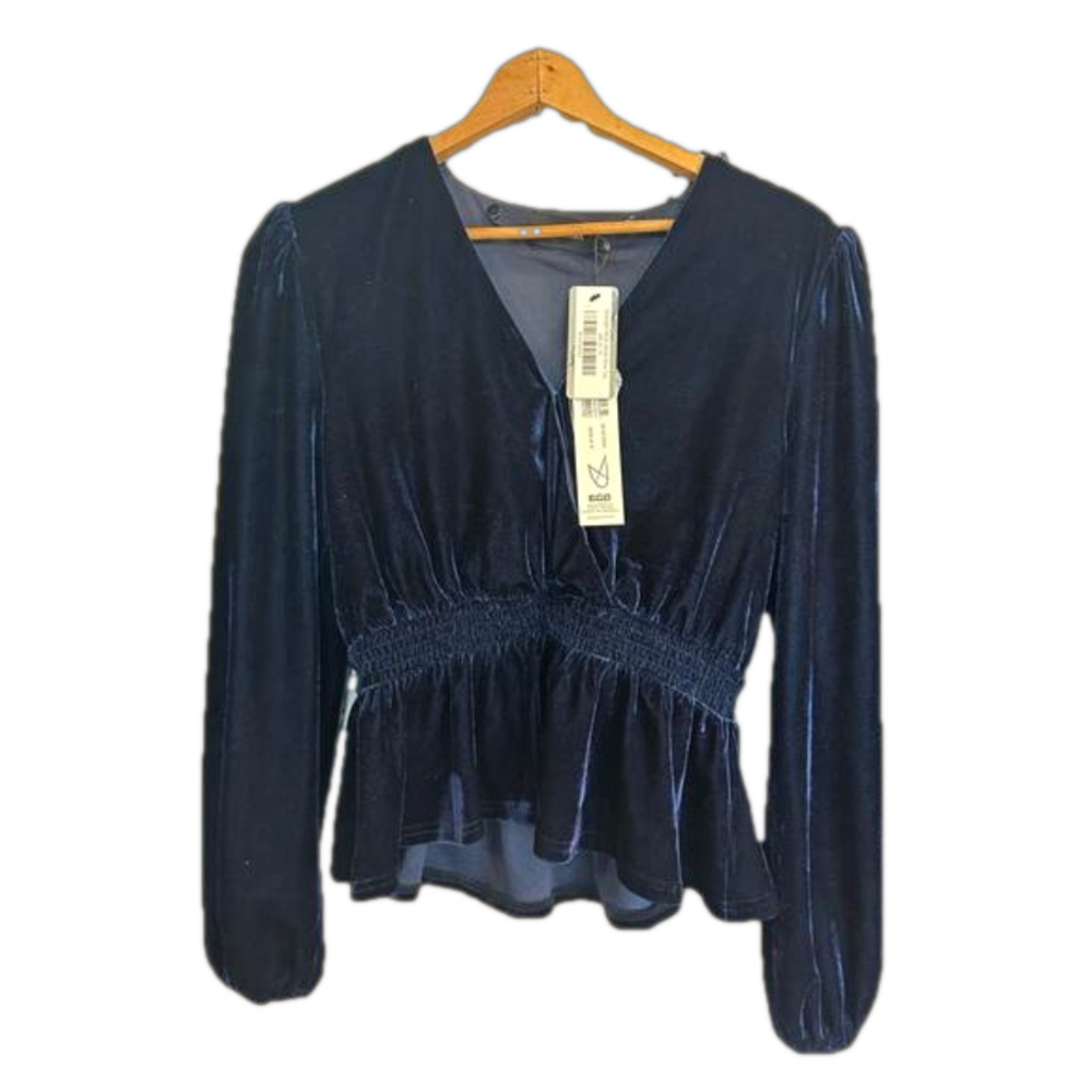 MINKPINK Navy Blue Velvet Long Sleeve Blouse M NWT | Smocked Waist Peplum Top